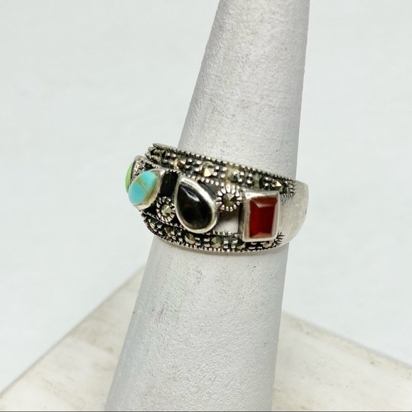 Sterling 925 Boho Marcasite Turquoise Blue Onyx Jasper Agate Ring Size 6 - Picture 9 of 14